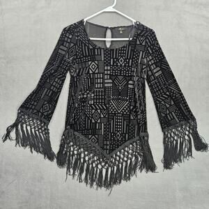 Monteau Black Witchy Whimsygoth Velvet Burnout Fringe Top Gothic Boho Size Small